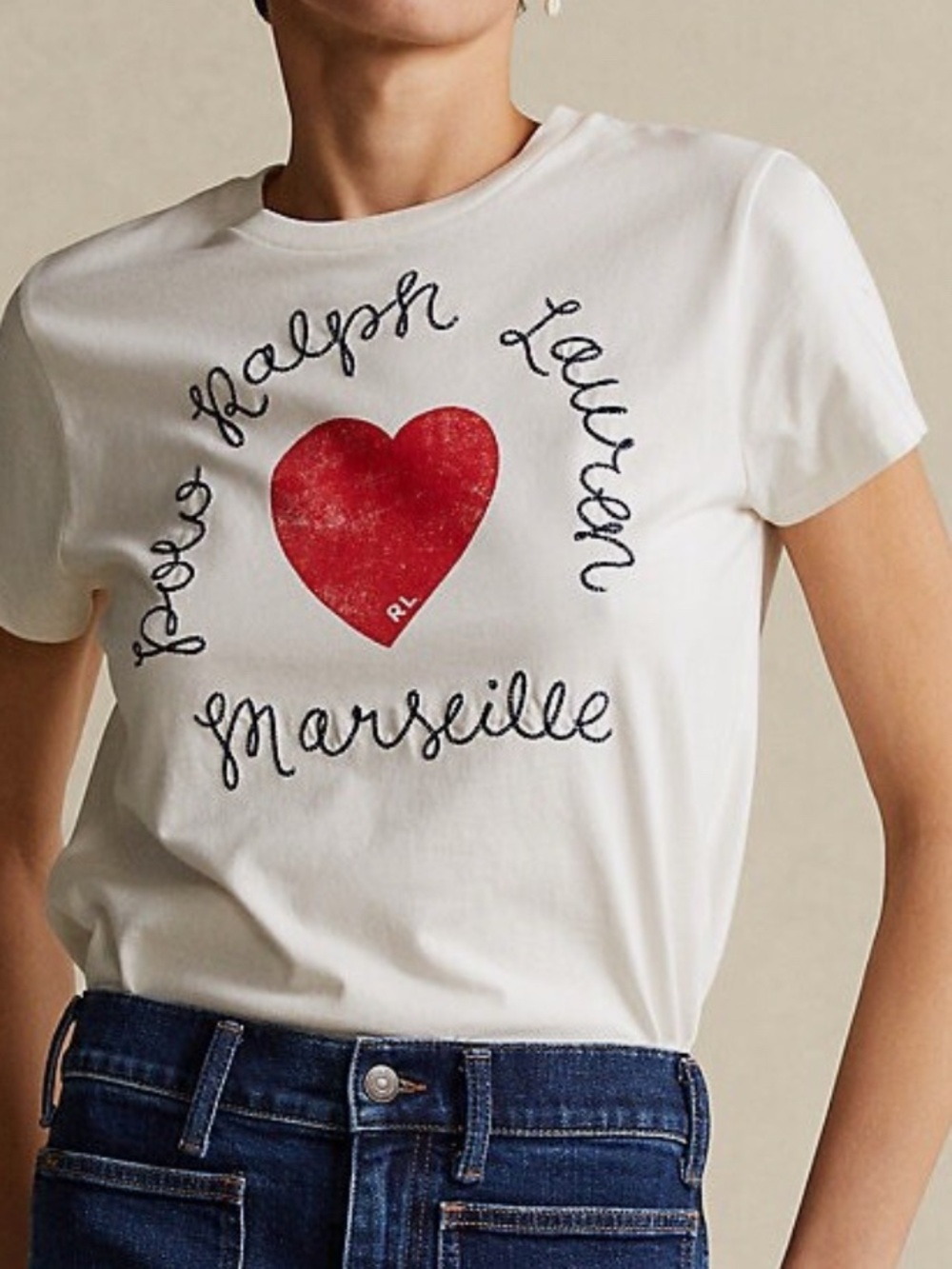Polo Ralph Lauren Women Marseille Heart Logo Embroidered Cotton T-shirt Size M